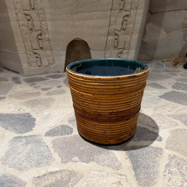 Mid-Century Modern Vintage Pencil Reed Planter or Waste Basket Rattan Cache Pot For Sale - Image 3 of 12