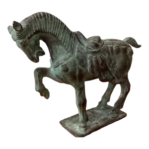 Early 20th Century Tang Dynasty-Style War Horse Metal Sculpture on Pedestal, Artist Signed