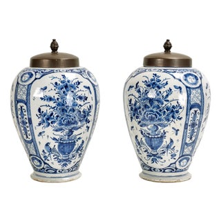 Pair of Antique Blue and White Delft Spice Jars For Sale