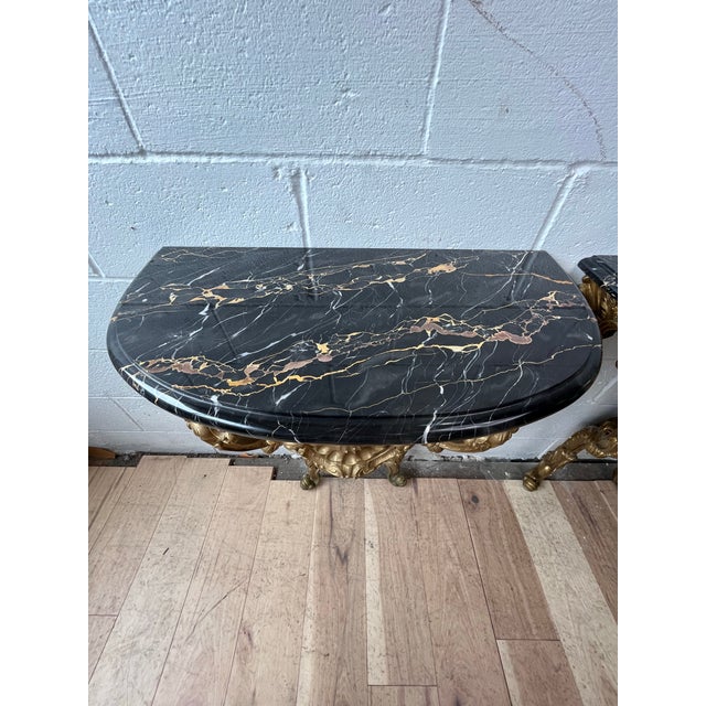 Mid 20th Century Pair Italian Rococo Revival Giltwood Wall Consoles With Black Marble Tops For Sale - Image 5 of 10