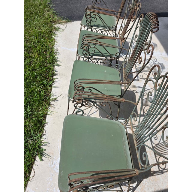 Vintage Neoclassical Style Green Wrought Iron Lyre Harp Garden Chairs - Set of 4 For Sale - Image 10 of 12