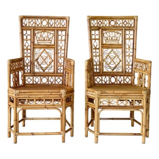 Pair Vintage Brighton Pavilion Style High-Back Fretwork Bamboo Rattan Armchairs For Sale