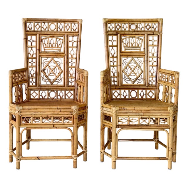 Pair Vintage Brighton Pavilion Style High-Back Fretwork Bamboo Rattan Armchairs For Sale