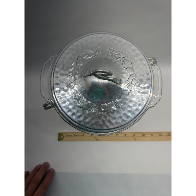 Vintage Mid-Century Hammered Aluminum Casserole Serving Dish With Stand and Glass Insert For Sale - Image 4 of 7
