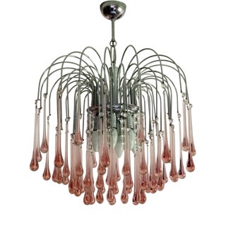 Cascading Chandelier with Pink Murano Glass Drops from Paolo Venini For Sale