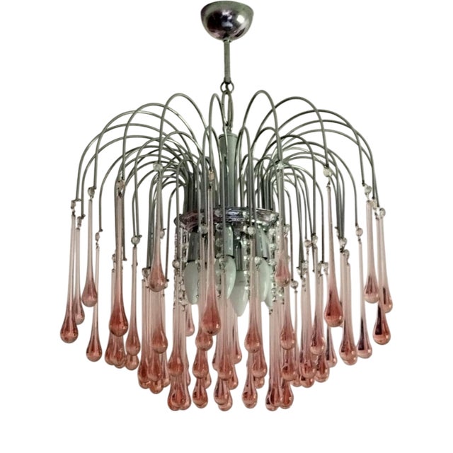 Cascading Chandelier with Pink Murano Glass Drops from Paolo Venini For Sale