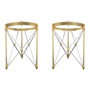 Maison Jansen Style Polished Steel & Brass Galleried Glass Top Side Tables, a Pair