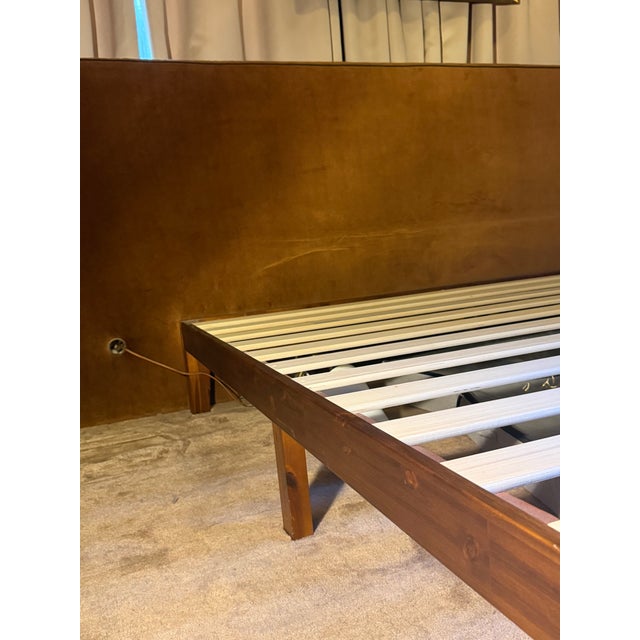 Orange Custom Wall to Wall Velvet Headboard and Walnut King Sized Bed Frame For Sale - Image 8 of 13