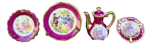 1920s Miniature Limoges Porcelain Tea Set With Courting Scenes, Hand-Painted, Gold Trim, Set of 4