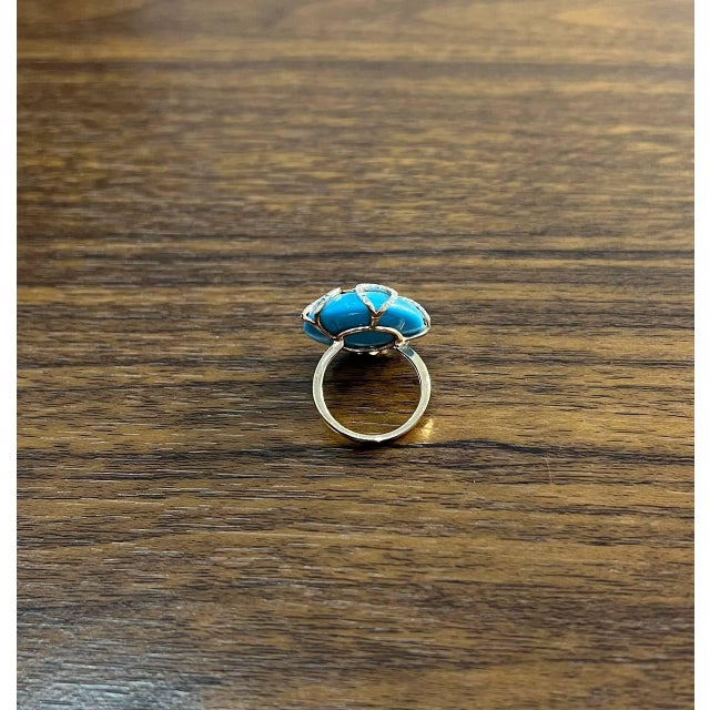 Round Blue Teal Turquoise Diamond Swirl Scroll 14k Yellow Gold Cocktail Ring, Size 3 For Sale In Washington DC - Image 6 of 14