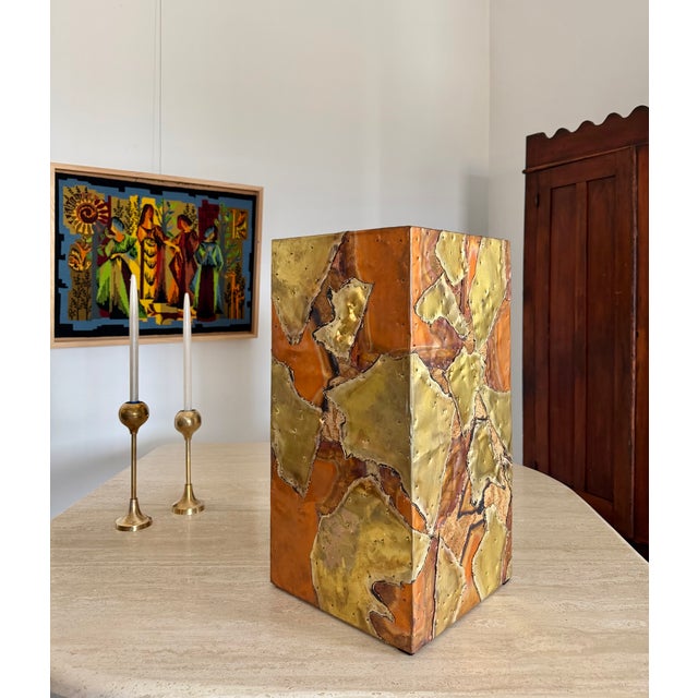 Paul Evans Style Brutalist Planter Patchwork Riveted Copper Brass Cork Bohemian For Sale - Image 12 of 13