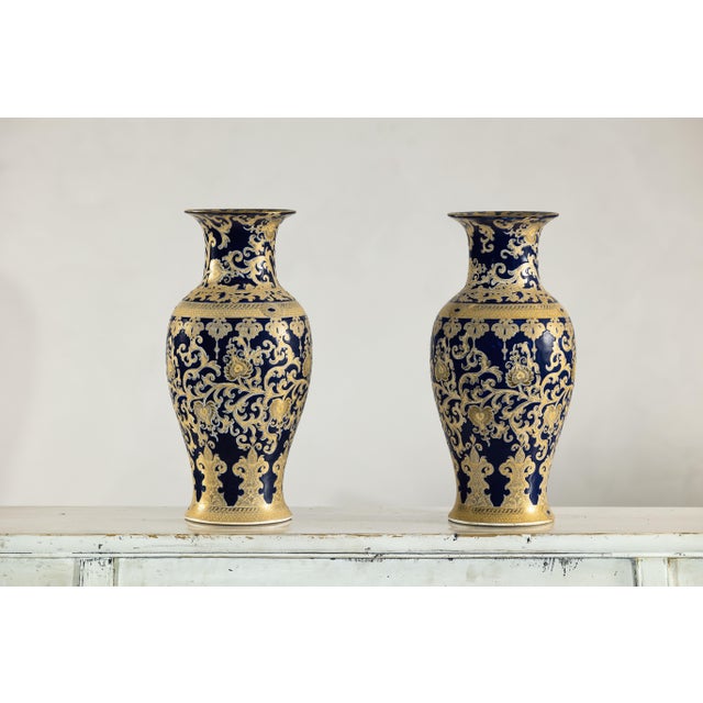 Pair of Sèvres-Inspired Cobalt Blue and Gold Porcelain Vases, Scrolling Foliage For Sale - Image 4 of 12