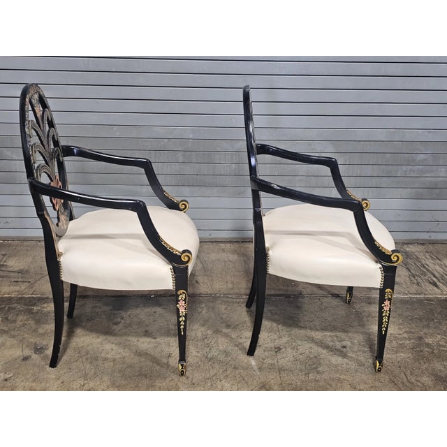 Late 20th Century Pair of Karges Hepplewhite Plum Arm Chairs Ebonized, Carved Hand Painted Leather Fabric For Sale - Image 10 of 12