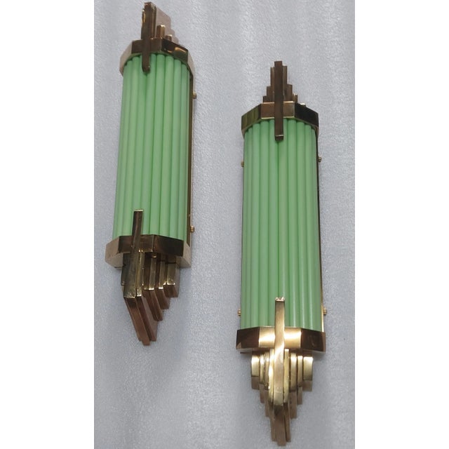 1940s Pair Vintage 1940s Skyscraper Art Deco Wall Sconces Fixture Brass & Opaline Green Glass Rod Ship Light For Sale - Image 5 of 6