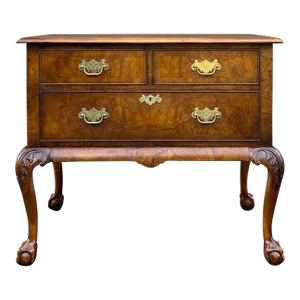 20th Century Hekman Chippendale Ball and Claw Maple, Walnut & Burl Wood Three Drawer Lowboy