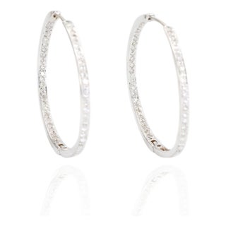 18k White Gold Natural Diamond Hoop Earrings in and Out Diamond- Set of 2 For Sale