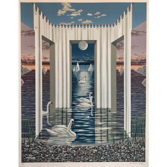 Frederick Phillips, Large Surrealist Photo Realist Silkscreen Lithograph Print Swan Dreams, c.1990 For Sale