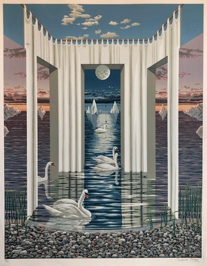 Frederick Phillips, Large Surrealist Photo Realist Silkscreen Lithograph Print Swan Dreams, c.1990