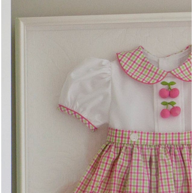 English Nursery Art: St. Louis Women's Exchange Cherry Dress Framed in a White Wood Shadow Box For Sale - Image 3 of 7
