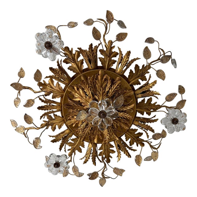 Flush Mount Maison Baguès Crystal Flowers Leaves Chandelier 15 Lights Signed For Sale