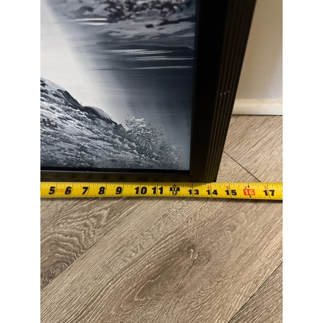 Vintage Black White Riverscape Misty Mountains Oil Painting by M. Scott 14x27 For Sale - Image 4 of 7