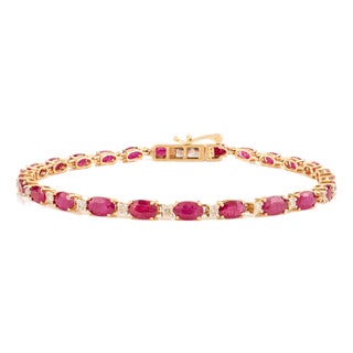 6.93Ct Mozambique Oval Cut Red Ruby & Diamond Tennis Bracelet in 14k Yellow Gold For Sale