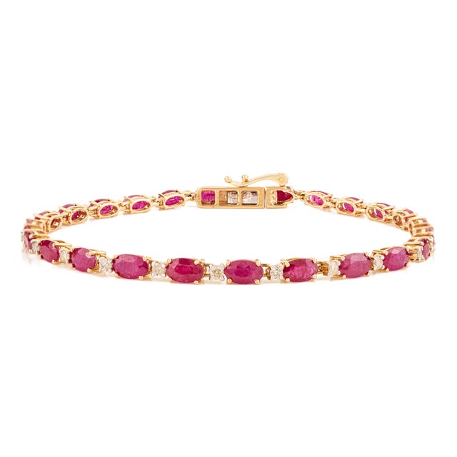 6.93Ct Mozambique Oval Cut Red Ruby & Diamond Tennis Bracelet in 14k Yellow Gold For Sale