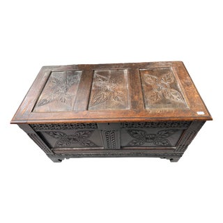 Vintage Carved Oak Coffer For Sale