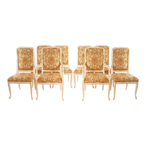 Italian Hand Painted / Carved Upholstered Dining Room Chair Set