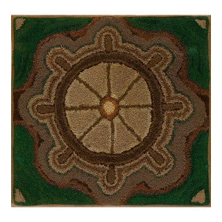 1930s Green Medallion Antique American Hooked Rug 3'4" X 3'6" Knotted Wool Carpet For Sale
