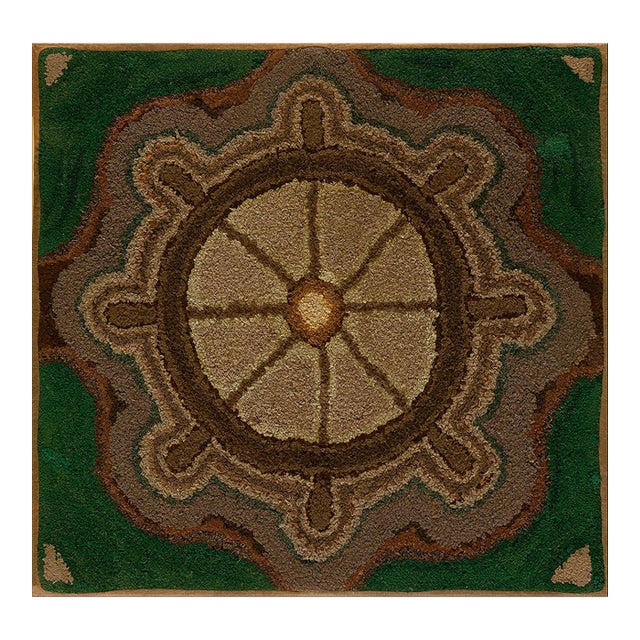 1930s Green Medallion Antique American Hooked Rug 3'4" X 3'6" Knotted Wool Carpet For Sale