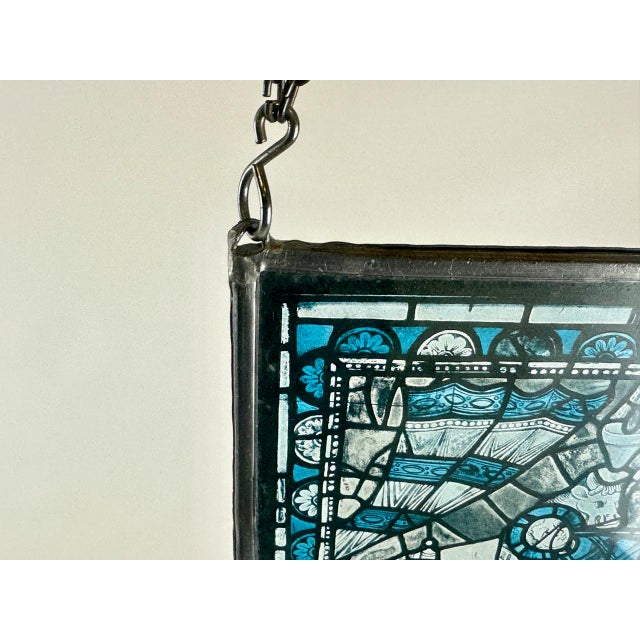 French Hand-Painted Stained Glass Hanging Window Panel, 1950s For Sale - Image 6 of 8