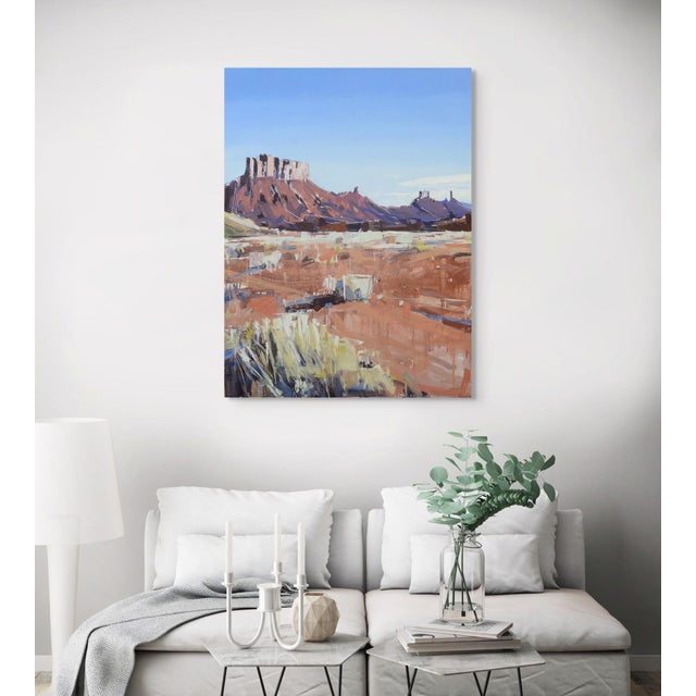 Moab Plateaus by David Shingler | Oil on board Landscape of rocky plateaus under a blue sky. For Sale - Image 4 of 5