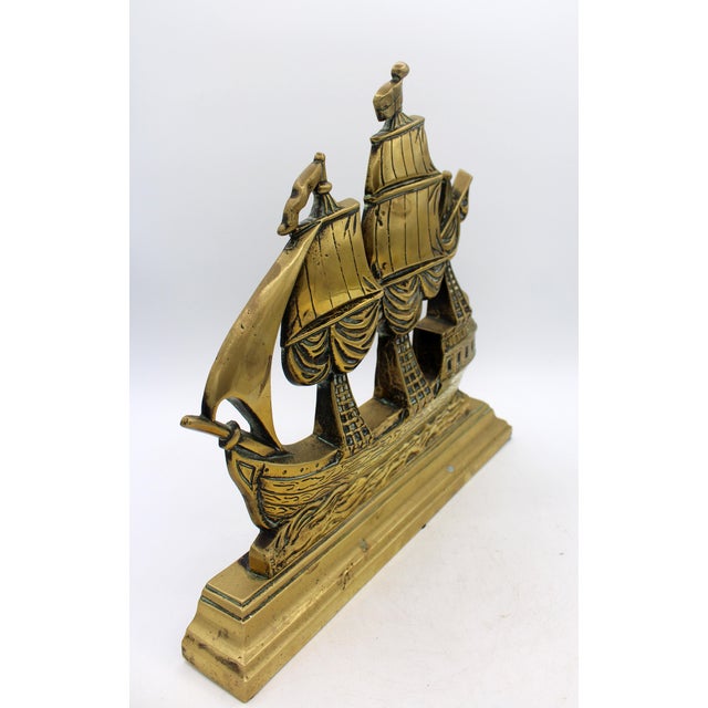 Circa 1900 large brass ship doorstop, English. Very well modelled of a Galleon getting under way - partially unfurled...