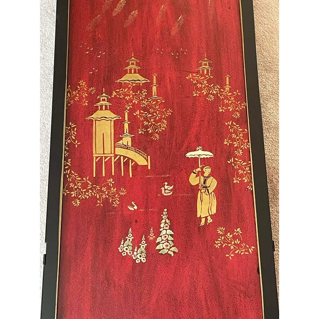 1950s Mid Century Four-Panel Deep Red/Gold Chinoiserie Screen With Decorated Black Boarder For Sale - Image 5 of 18