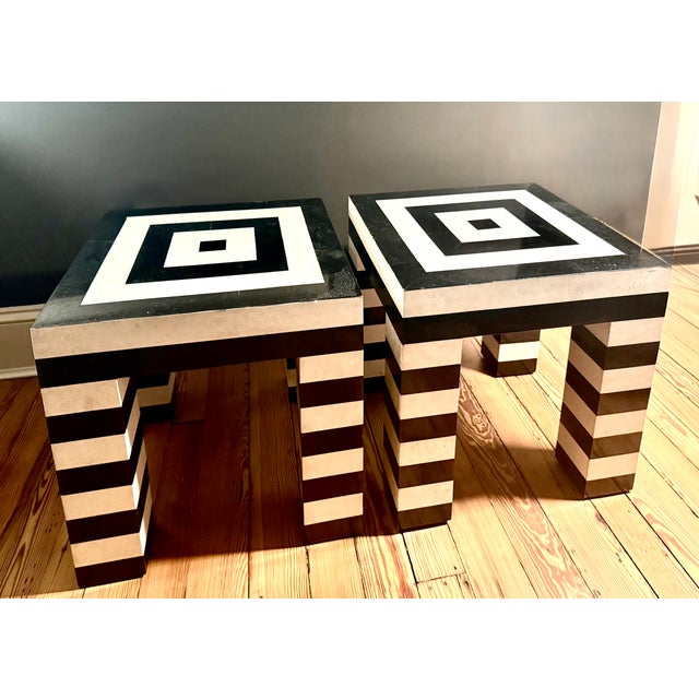 Postmodern Black & White Stripe Tessellated Marble Accent Tables For Sale In Charleston - Image 6 of 9