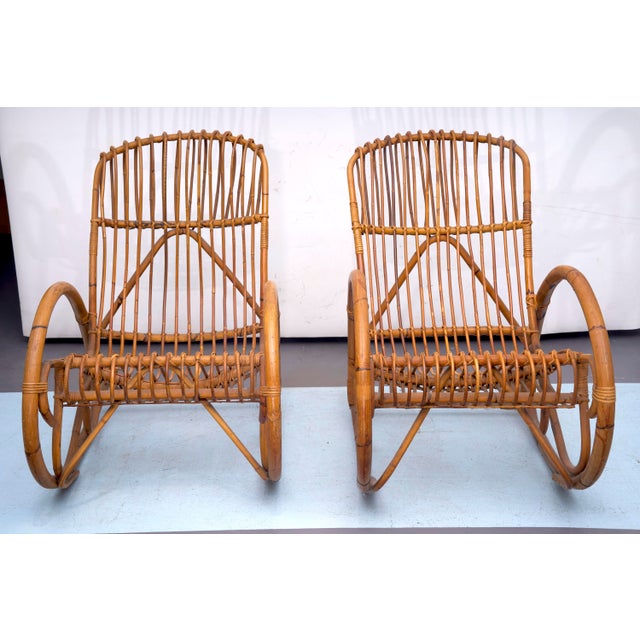 Set of Rattan and Bamboo Rocking Chairs in the style of Franco Albini, Italy, 1950s For Sale - Image 4 of 17
