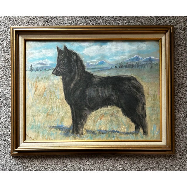 Vintage large pastel portrait of a black German shepherd. In vintage wood frame . Business card of the artist attached to...