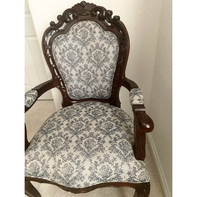 Louis XV Style Bergere Carved Wood and Blue and Dark White Designed Upholstered Chair Vintage For Sale - Image 15 of 16