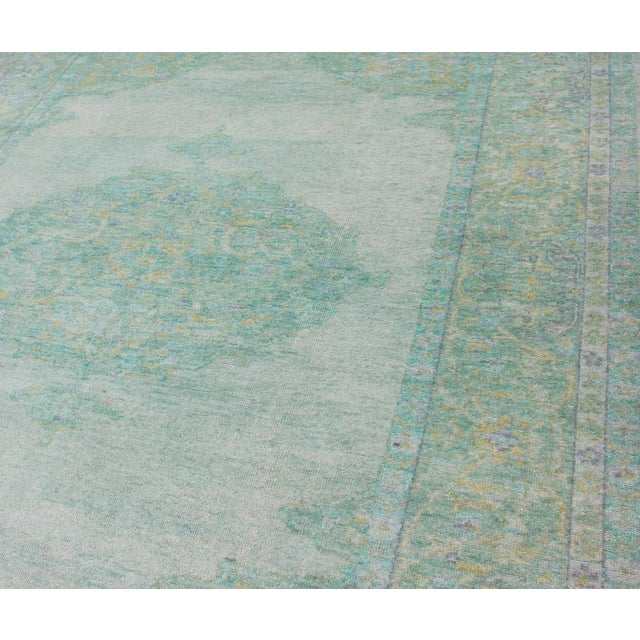 Modern Oushak Rug With Floral Medallion Design in Various Shades of Green 6'7" X 9'2" For Sale In Atlanta - Image 6 of 11