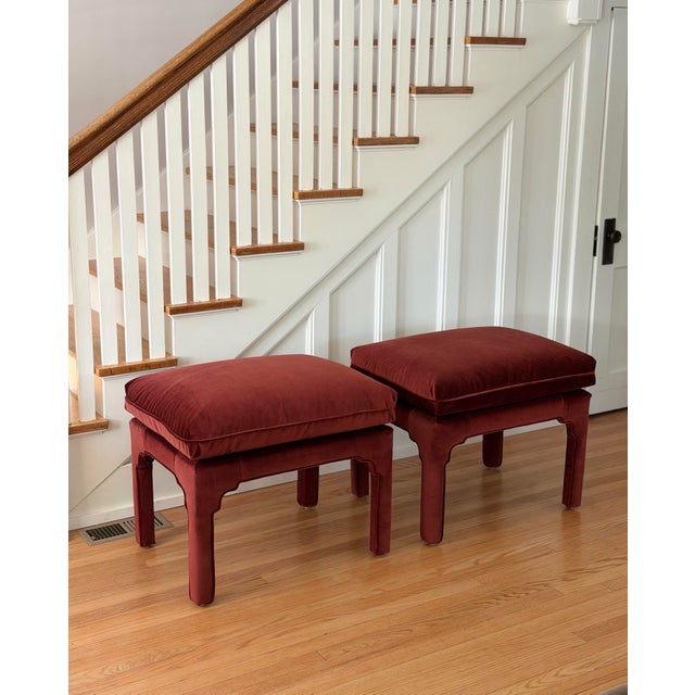 Hollywood Regency 1970s Sculptural Arched Leg Rectangular Red Velvet Ottomans - A Pair For Sale - Image 3 of 12
