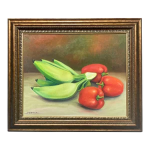 Large Platanos & Red Bell Peppers Original Still Life Painting Signed Besala