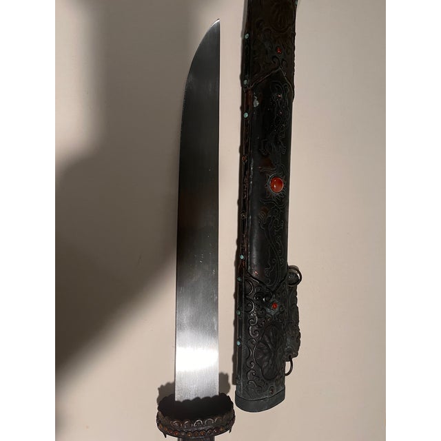 Late 20th Century Vintage Sino Tibetan Short Sword Dagger Hand Forged Steel Repousse Scabbard 25" For Sale - Image 5 of 15