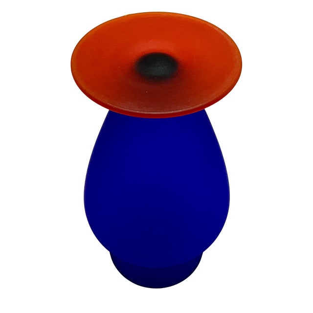 Glass Cobalt Blue Satin Glass Vase With Orange Base - 9" Tall For Sale - Image 7 of 10