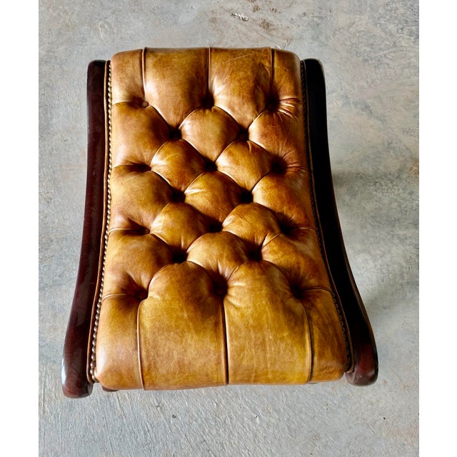 Cora 1920 English Mahogany Chesterfield Leather Stool For Sale - Image 10 of 11