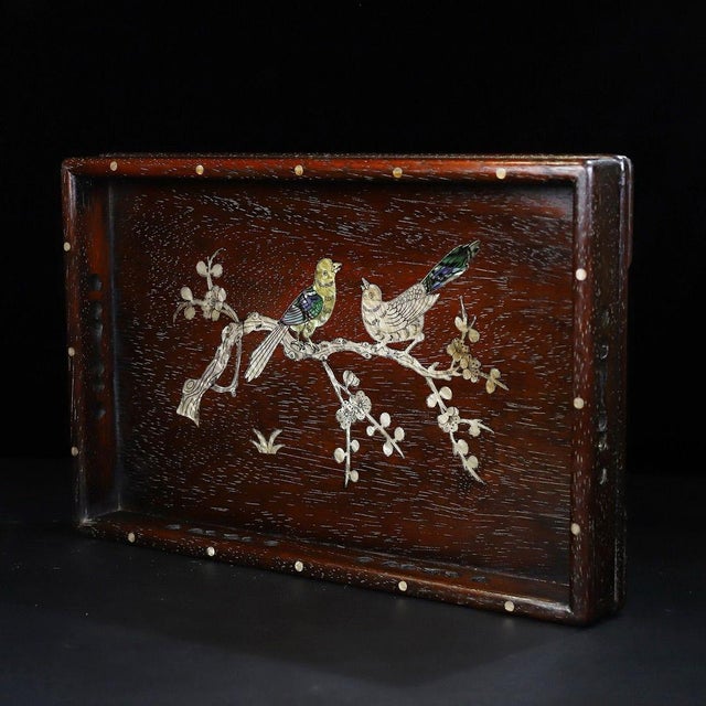 Traditional Wooden Tea Tray With Mother-of-Pearl Bird and Blossom Inlay For Sale - Image 3 of 9