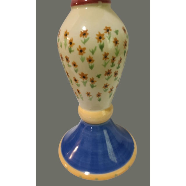 Contemporary Pair of Vintage Pfaltzgraff Pistoulet Hand Painted Floral Colorful Ceramic Pistoulet Candle Sticks For Sale - Image 3 of 7