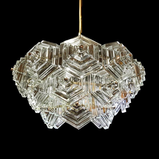 Mid-Century Modern Mid-Century German Chandelier with Hexagonal Glass Prisms by Veb Ebersbach, 1960s For Sale - Image 3 of 8