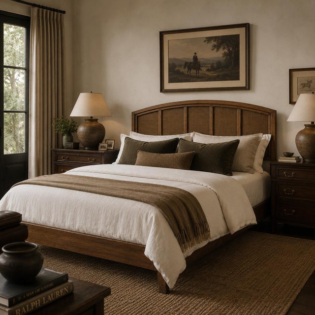 Vintage Thomasville Woven Rattan King Headboard. A wide vintage Thomasville headboard featuring an arched woven-rattan...