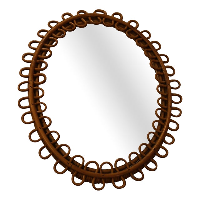 Vintage Oval Honey Rattan and Bamboo Wall Mirror, Italy, 1960s For Sale